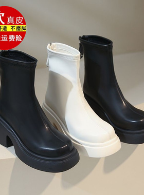 品牌专柜美拉德短靴女2025新款厚底白色弹力马丁靴女舒适百搭增高