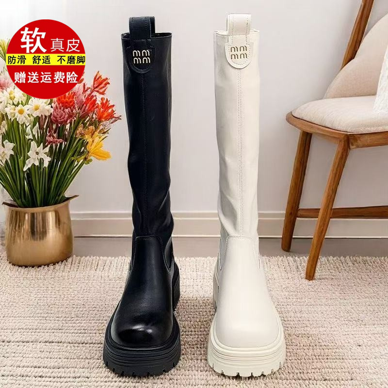 品牌专柜厚底圆头复古皮带扣擦色长筒靴女秋冬中高筒靴骑士靴韩版