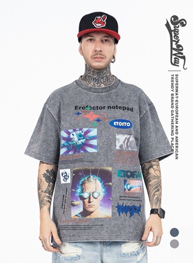 潮牌美式复古水洗做旧赛博科幻眼镜男印花宽松情侣装短袖T恤男女