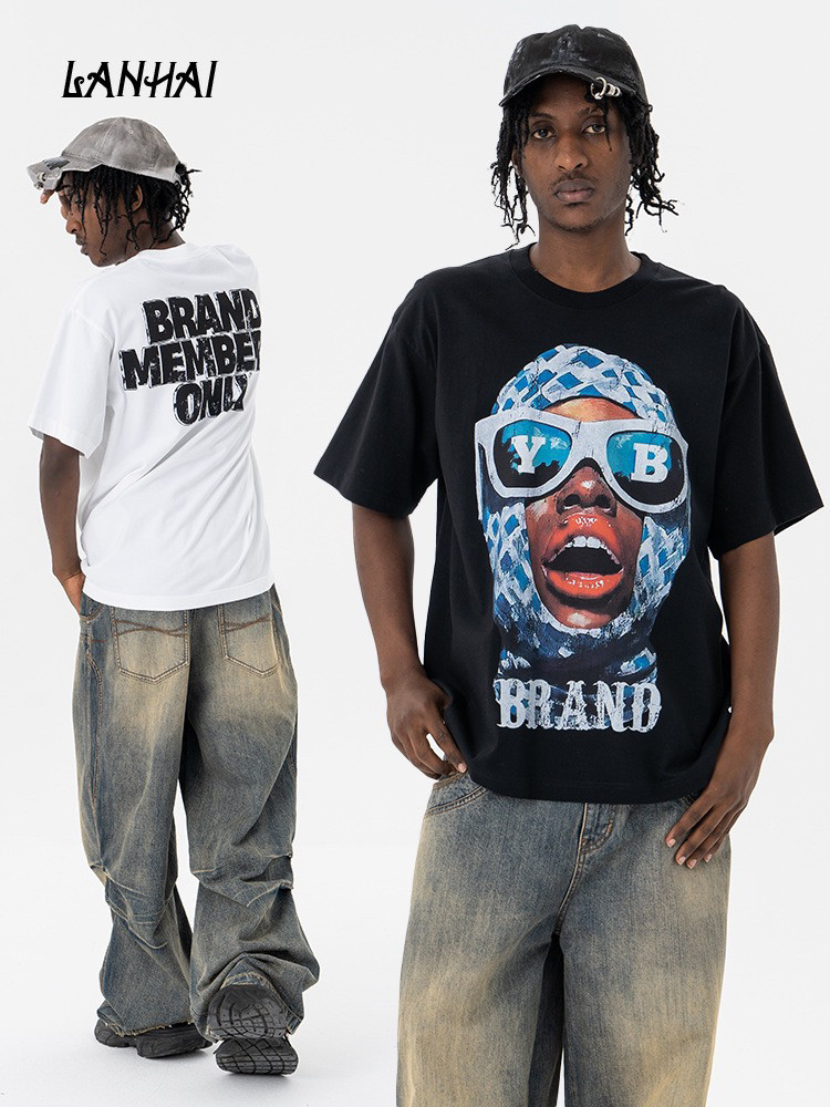 美式小众夏季新款墨镜蒙面人印花纯棉宽松VINTAGE短袖T恤男女潮