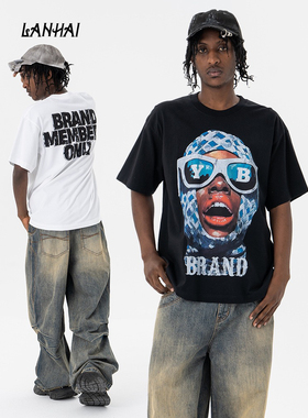 美式小众夏季新款墨镜蒙面人印花纯棉宽松VINTAGE短袖T恤男女款
