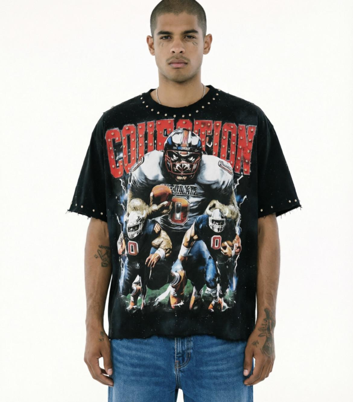 BKYS Collection F-terry Cropped Tee打钉bling毛边橄榄球短袖T