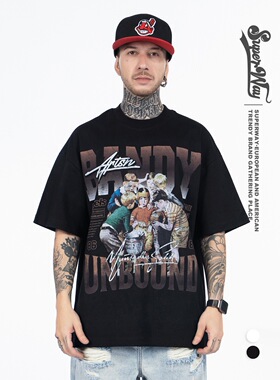 美式破坏男孩印花宽松纯棉短袖男女潮牌上衣BANDAI UNBOUND T恤衫
