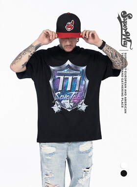 欧美嘻哈纯棉圆领短袖t恤星空盾牌幸运数字777宽松情侣街舞打底衫