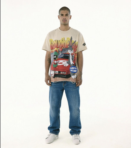 RoughPlay兔八哥法拉利赛车汽车印花破洞泥印洗水做旧短袖T恤男女