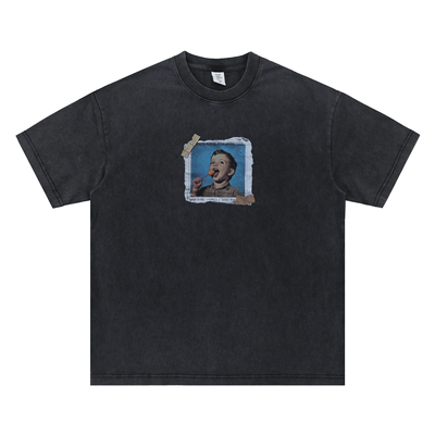 美式潮牌头像拍立得小占士海报胶布印花复古圆筒水洗做旧短袖T恤