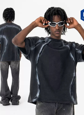 美式复古休闲设计渐变拼接半袖T恤高街男女洗水做旧宽松嘻哈短袖