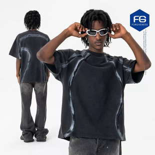 美式复古休闲设计渐变拼接半袖T恤高街男女洗水做旧宽松嘻哈短袖