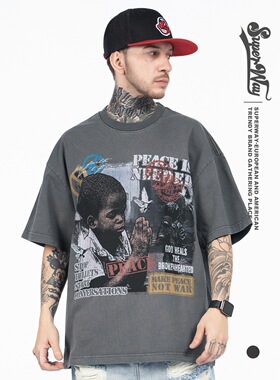 美式潮牌嘻哈欧美复古世界和平无战争小孩vintage短袖T恤水洗做旧