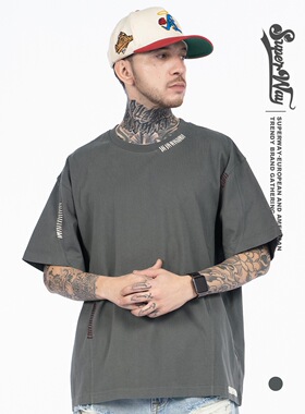 潮牌手工缝线装饰纯色短袖男女夏季圆领T恤宽松休闲美式通勤打底