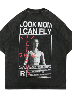 欧美夏季潮牌TravisScott黑人说唱歌手水洗做旧宽松短袖嘻哈T恤潮