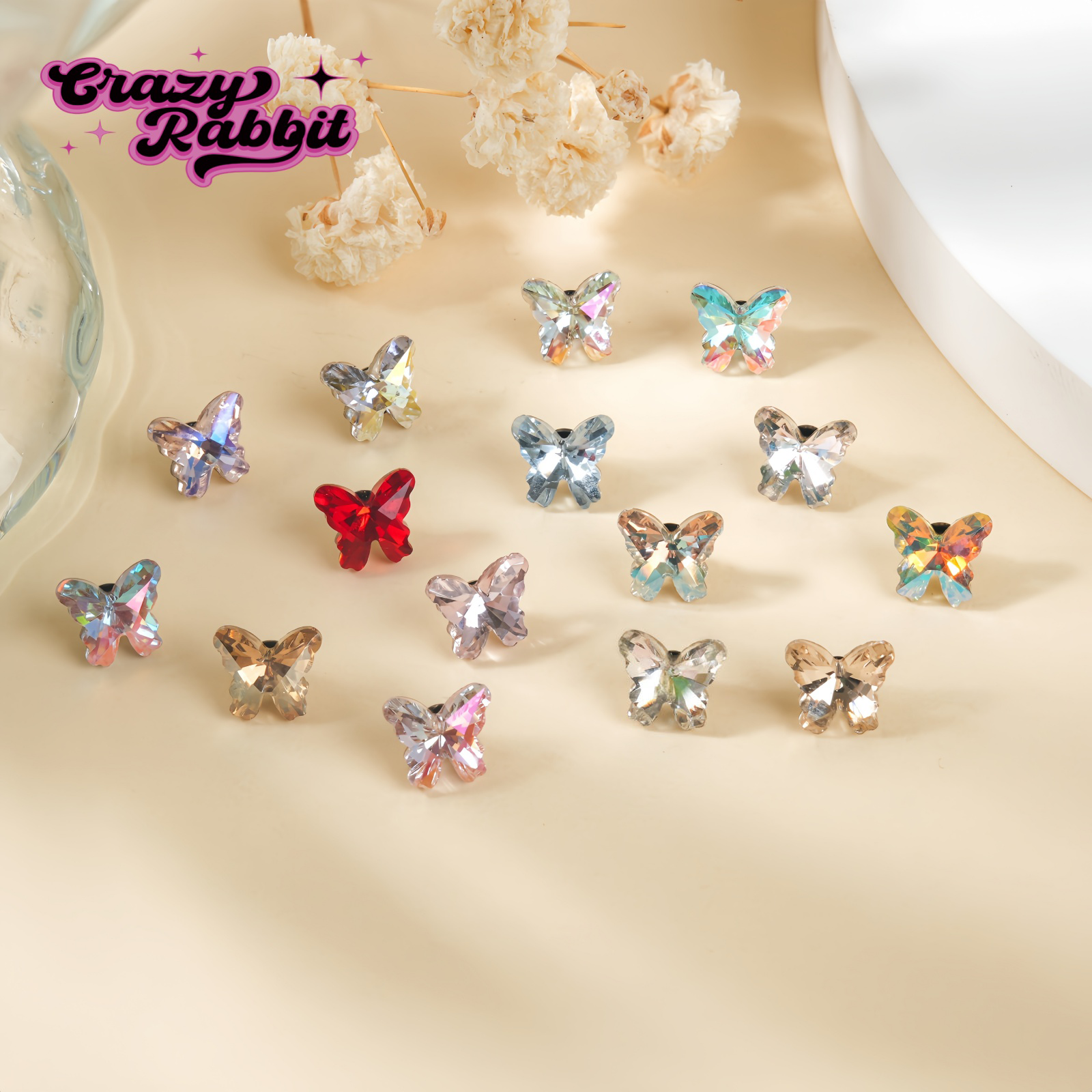 CrazyRabbit 极光炫彩蝴蝶耳钉钛合金养耳洞耳骨钉平底螺纹耳饰