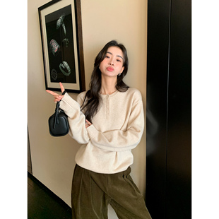 毛衣女秋冬100羊毛针织衫 气质圆领半开领长袖 宽松上衣 Lin Maven