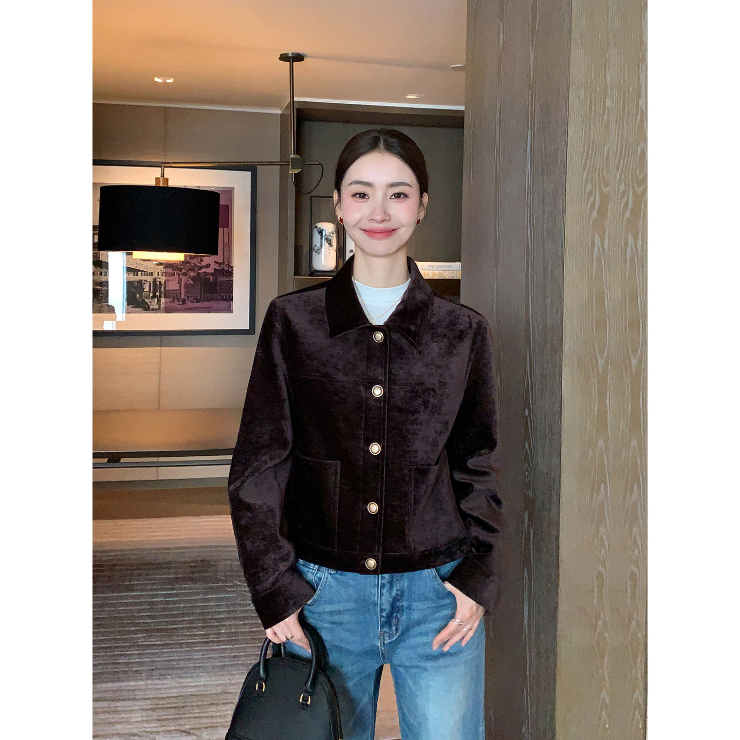 Maven Lin 柔光贵气 复古丝绒翻领短款外套女肌理感宽松夹克上衣