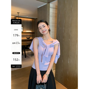 上衣 Maven Lin天丝弹性竖坑V领吊带背心女两件套修身 长袖 针织开衫