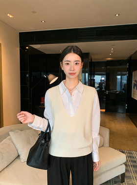 Maven Lin 新意层次 黑色羊毛V领针织马甲女宽松叠穿无袖背心上衣