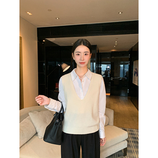 黑色羊毛V领针织马甲女宽松叠穿无袖 新意层次 背心上衣 Lin Maven