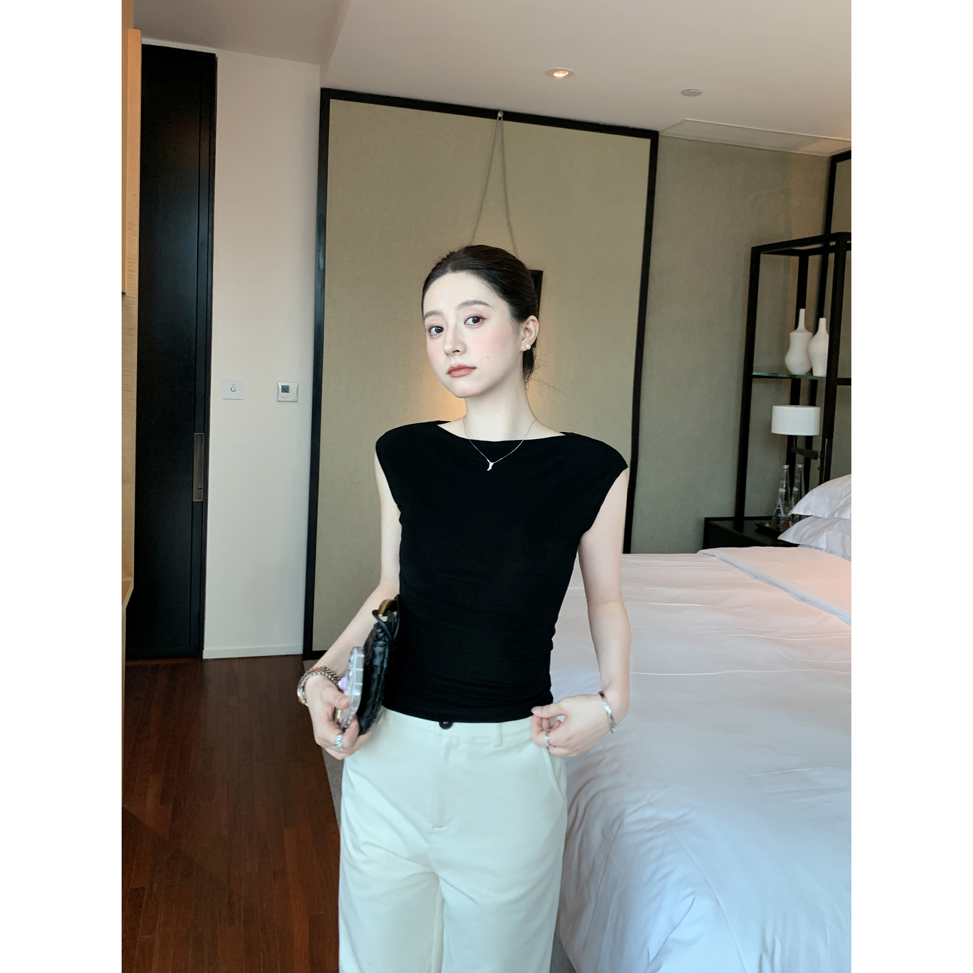 Maven Lin 至简高品质醋酸小飞袖T恤女夏季修身显瘦针织短袖上衣