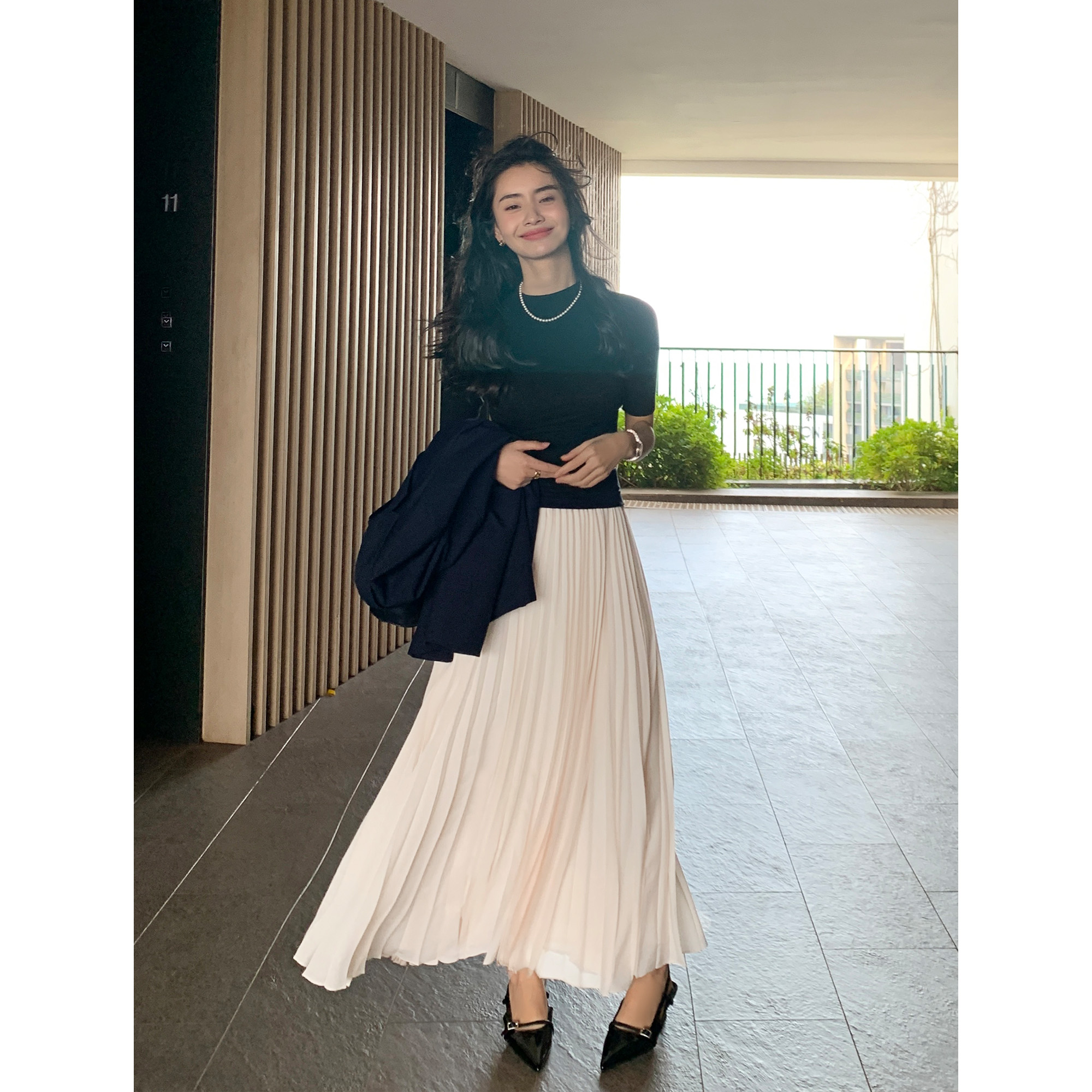 醋酸百褶裙女高腰中长款半身裙