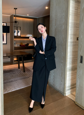 Maven Lin 女绅主义 经典平驳领西装外套女扭结设计直筒半裙套装