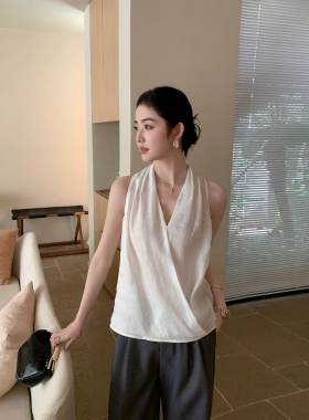 Maven Lin 轻奢优雅1OO亚麻交叉挂脖背心女宽松气质慵懒无袖小衫