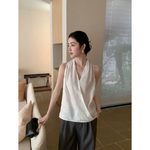 小衫 轻奢优雅1OO亚麻交叉挂脖背心女宽松气质慵懒无袖 Lin Maven