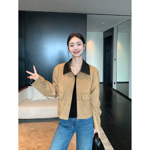 Maven Lin 经典至上 复古巴恩风棕咖撞色翻领夹克麂皮绒短外套