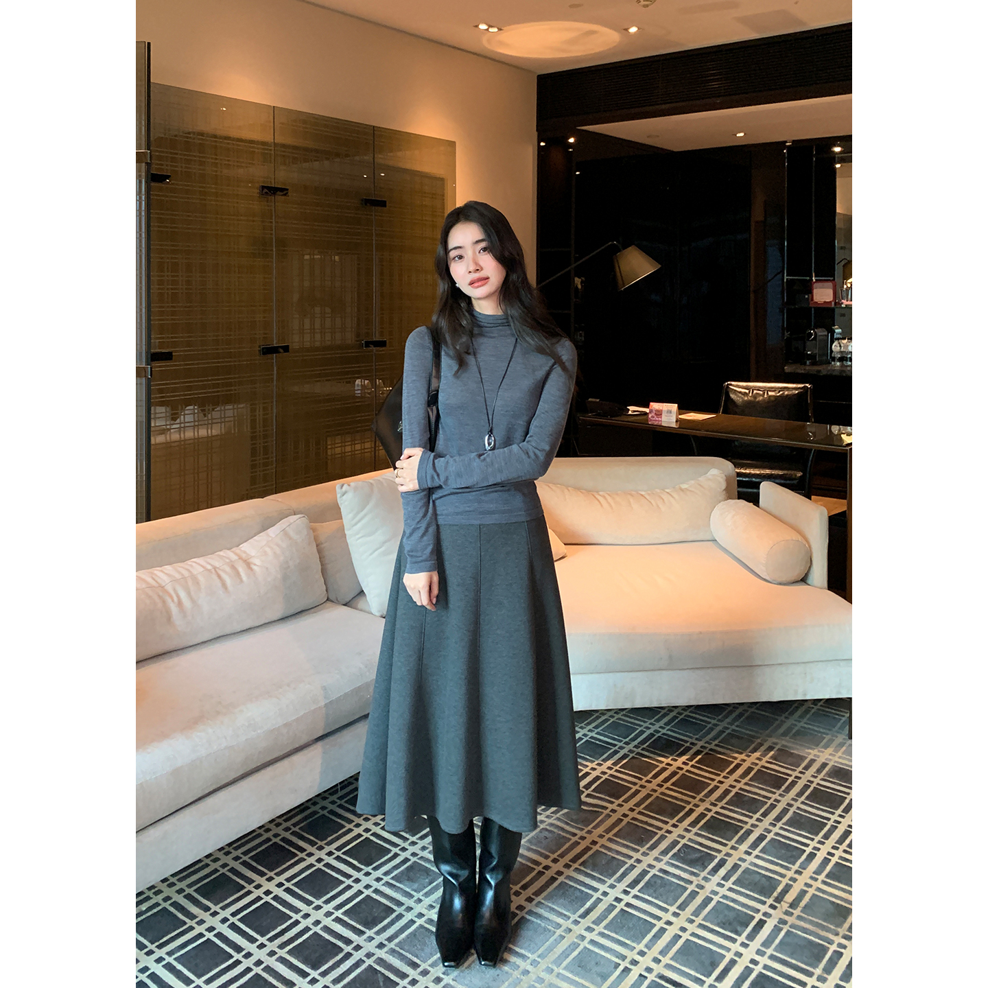 Maven Lin 静奢气质 简约毛呢a字半身裙女通勤高腰中长款大摆伞裙