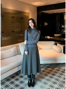 Maven Lin 静奢气质 简约毛呢a字半身裙女通勤高腰中长款大摆伞裙