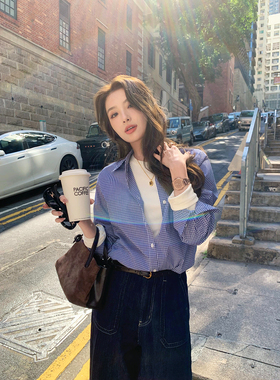 Maven Lin 高智M1U风 深蓝格纹长袖衬衫女白领通勤翻领格子衬衣