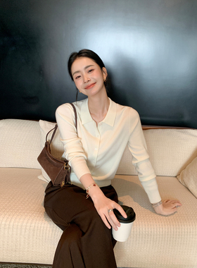 Maven Lin 老钱风Polo领羊毛针织开衫女简约修身翻领针织衫上衣