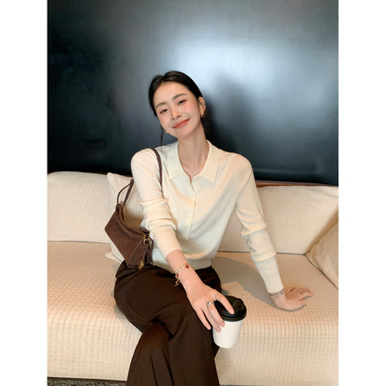 Maven Lin 老钱风Polo领羊毛针织开衫女简约修身翻领针织衫上衣