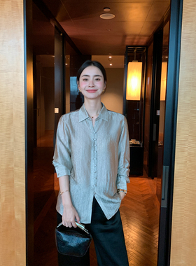 Maven Lin 优雅奢美长袖微透衬衫女上衣夏季醋酸混纺宽松通勤衬衣