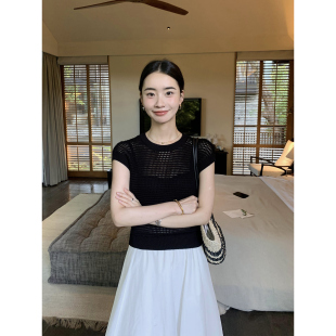 华夫格圆领镂空针织包袖 现货7折 上衣女宽松显瘦背心 Lin Maven