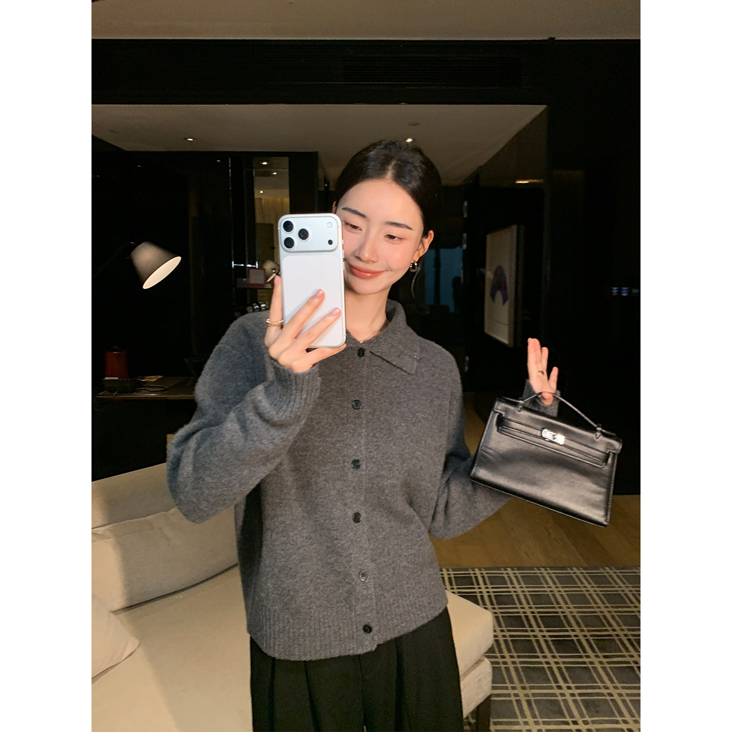 Maven Lin 暖奢质感 羊毛高领针织开衫女宽松气质polo领毛衣外套