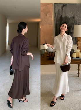 Maven Lin 重磅100%亚麻套装宽松长袖衬衫女中长款包臀鱼尾半身裙