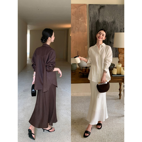 Maven Lin 重磅1OO亚麻套装宽松长袖衬衫女中长款包臀鱼尾半身裙