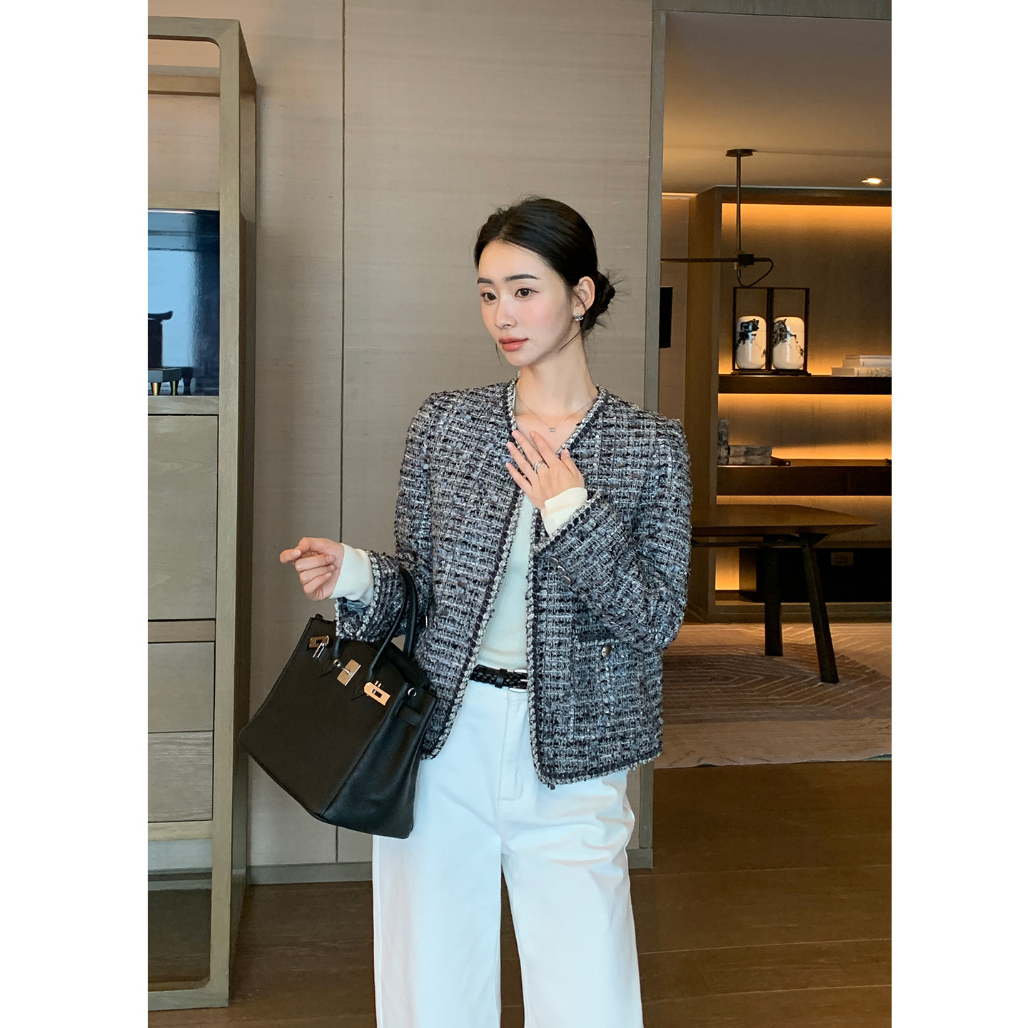 Maven Lin 璀璨千金 经典V领小香风外套女气质优雅短款粗花呢上衣