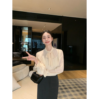 Maven Lin 轻职风 雅奢绑带蝴蝶结荷叶边衬衫女气质衬衣雪纺上衣
