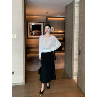 黑色醋酸包臀鱼尾裙女气质垂感中长款 静奢优雅 半身裙 Lin Maven