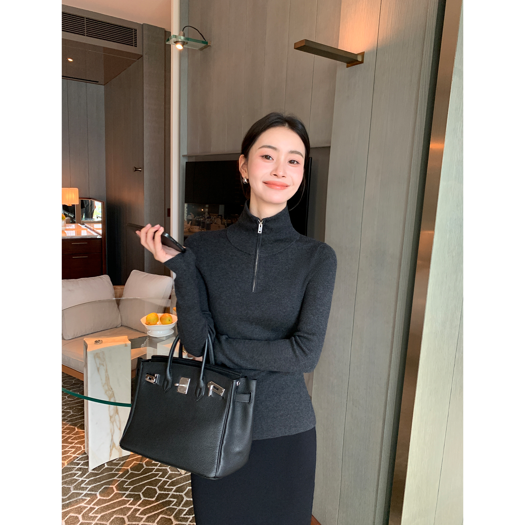 Maven Lin羊毛混纺 简约半拉链高领打底衫女通勤质感修身长袖上衣