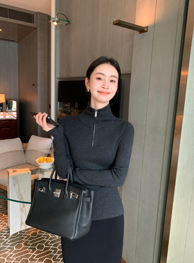 Maven Lin羊毛混纺 简约半拉链高领打底衫女通勤质感修身长袖上衣