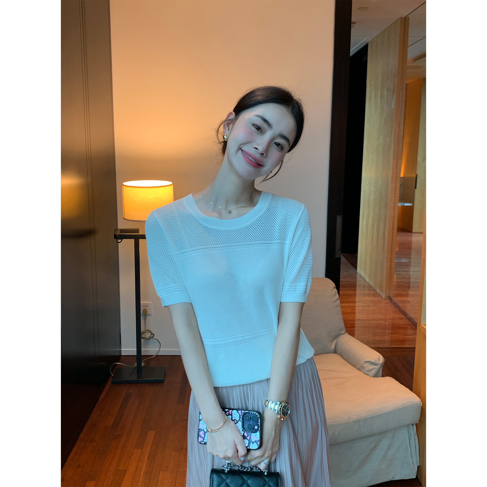 Maven Lin 极简高捻仿亚麻镂空上衣女气质通勤短袖针织衫宽松T恤