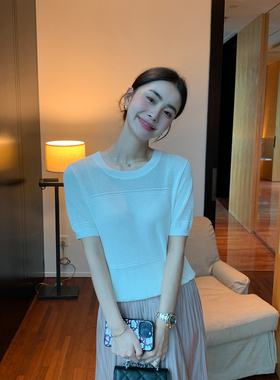 Maven Lin 极简高捻仿亚麻镂空上衣女气质通勤短袖针织衫宽松T恤