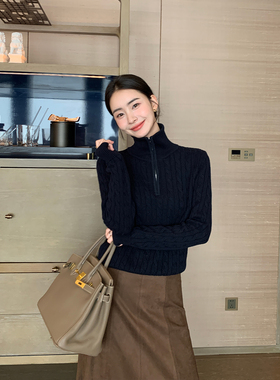 Maven Lin 名门新贵 气质羊毛翻领麻花毛衣女宽松半拉链针织上衣