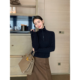 气质羊毛翻领麻花毛衣女宽松半拉链针织上衣 名门新贵 Maven Lin