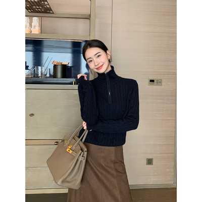 Maven Lin 名门新贵 气质羊毛翻领麻花毛衣女宽松半拉链针织上衣