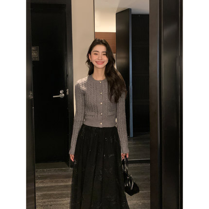 Maven Lin 麻花毛衣开衫女短款秋冬修身厚针织衫长袖内搭打底上衣