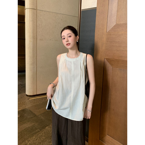Maven Lin 极简慵懒系 条纹背心衬衫宽松女气质莱赛尔无袖上衣