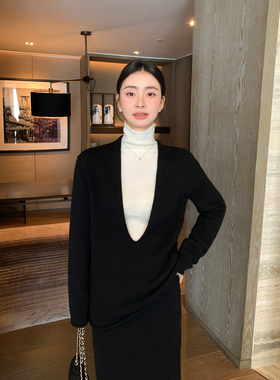 Maven Lin 极简R0W系 100%羊毛V领长袖毛衣女后中开叉半身裙套装
